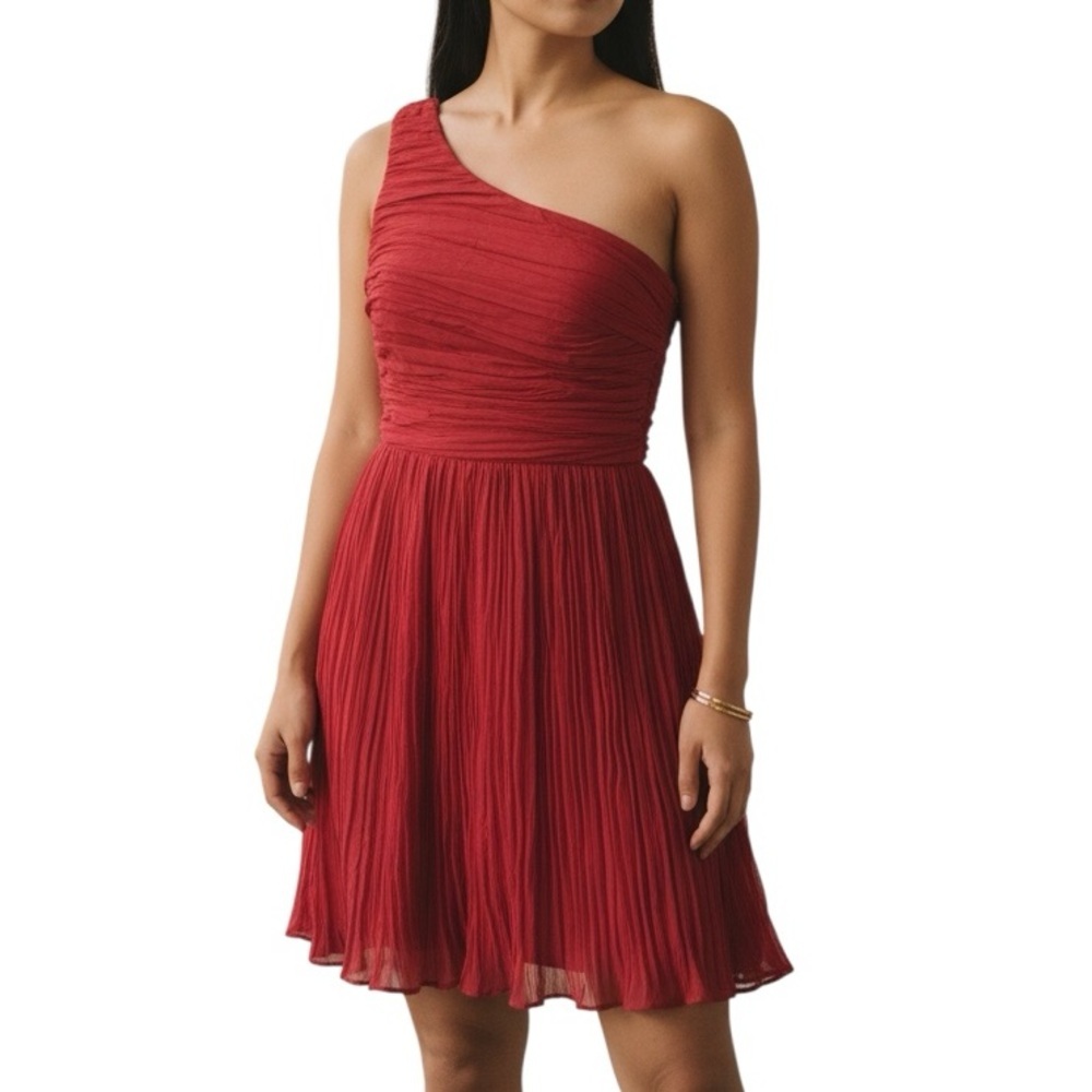 BB Dakota Lewiston One-Shoulder Ruby Red Wrinkled Chiffon Mini Dress Size 0